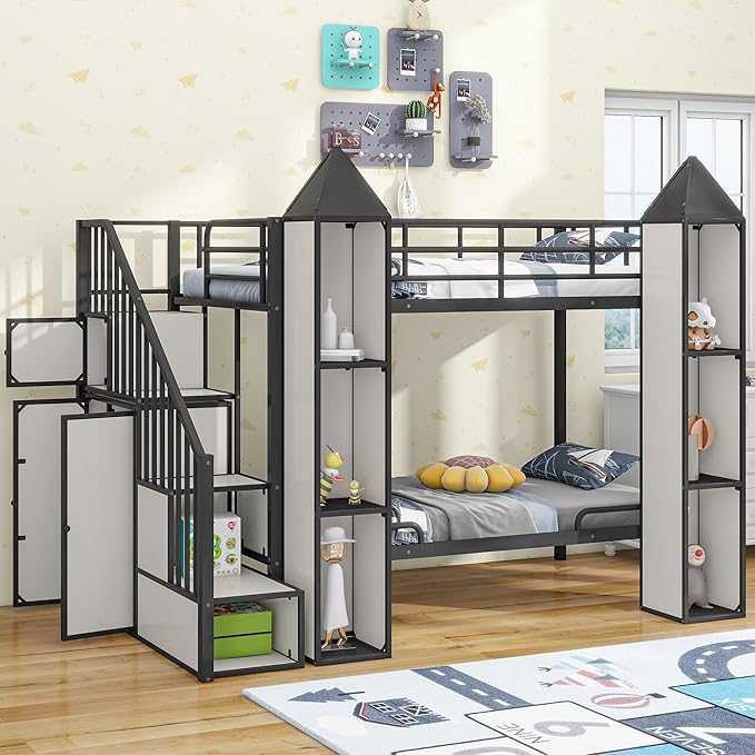 Twin Over Twin Castle-Shaped Bunk Bed with Wardrobe and Multiple Storage, Metal Bunk Bed with Storage Staircase and Safety Guardrail for Kids Teens Boys Girls Bedroom (White+Black 04)