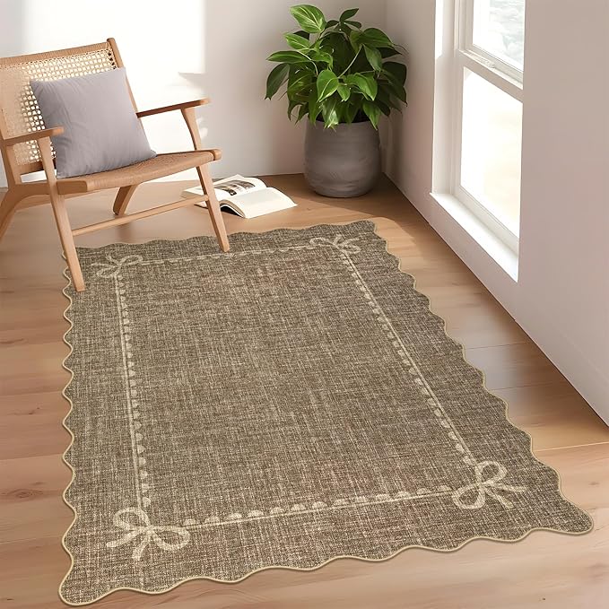 GarveeHome Scalloped Bow Rug for Living Room, Solid Brown Rug for Dorm, Washable Rugs 4x6 Soft Low Pile Non Slip Scalloped Rugs for Nursery College Bedroom Decor Kids Room Playroom