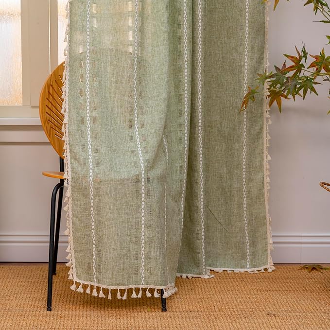 Deeprove Boho Curtain 72 inch Length for Bedroom Living Room, Bohemian Grass Sheer 72 inches Long Stripe Embroidery Privacy Window Tassel Christmas Easter Spring Decor W52 x L72, 1 Panel Sage Green