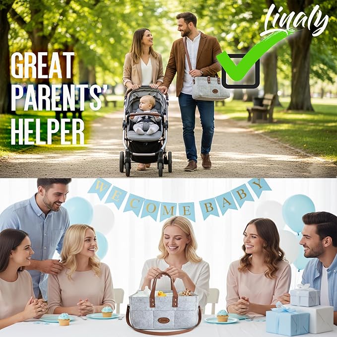 Felt Diaper Caddy Organizer, Portable Nursery Basket for Diapers, Caddy for Baby Stuff Storage, Baby Shower Must Haves Gift, Grey Felt for Changing For Car, Long Handles (Grey Majesty)