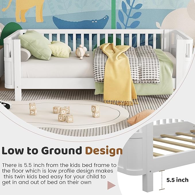 Twin Size Montessori Bed with Guardrails, Wood Kids Bed Frame with Slats Support, Low to Ground Modern Baby Bed with Removable Side Rails for Boys Girls Bedroom Living Room, White