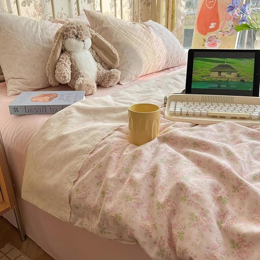 LifeTB Pink Floral Duvet Cover Twin Romantic Lace Bedding Set Garden Style Cottagecore Flower Duvet Cover with Zipper Closure Soft Washed Microfiber Botanical Comforter Cover for Teen Girls