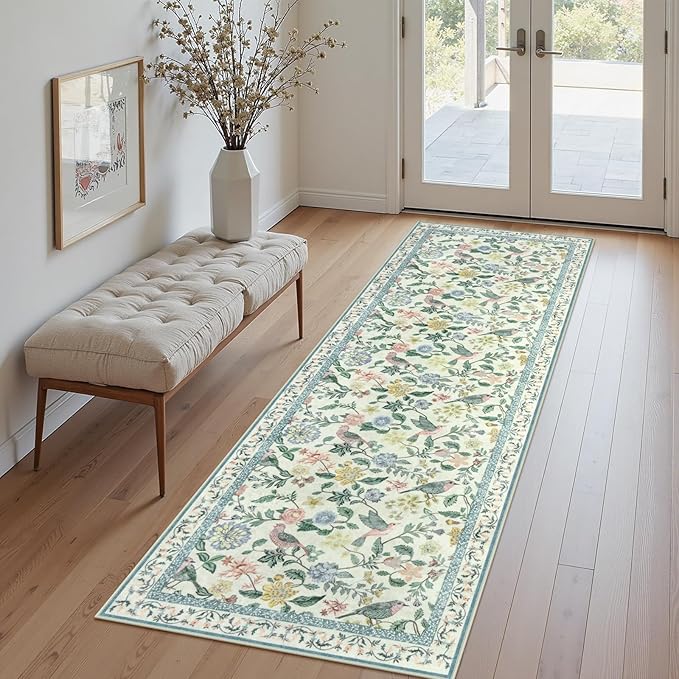 Green Floral Runner Rug, 2x6 Washable Rug Runners for Hallways Non-Slip, Soft Low Pile Flower Birds Long Bathroom Mat Botanical Throw Carpet for Kitchen Laundry Entryway Porch