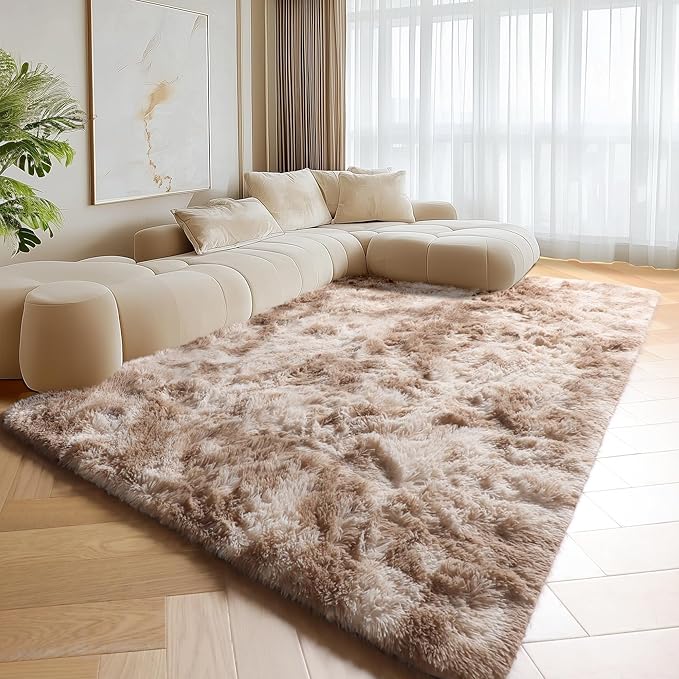 ONASAR Rugs for Living Room Bedroom, Tie-Dyed Beige 5x8 Washable Fluffy Bedside Area Rug, Soft Plush Shaggy Indoor Floor Carpet for Nursery Kids Girls Boys Teen Dorm Home Office Decor Aesthetic