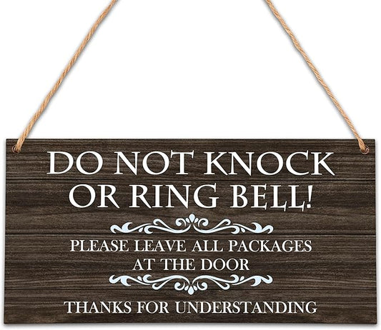 Please Do Not Knock Or Ring Doorbell Wooden Plaque Sign, No Soliciting Warning Reminder Sign, Baby Sleeping Sign For Front Door - HF07
