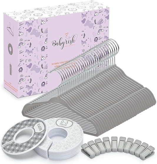 Velvet Baby Hangers with 10x Clips and 8X Dividers (30 Pack) | 11” Ultra-Slim Baby Clothes Hangers | Non-Slip Felt | Space-Saving Nursery & Infant Closet Organizer | Gray