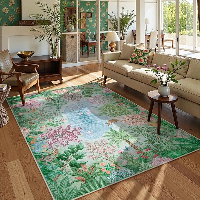 Lahome Spring Jungle Carpet, 5x7 Area Rugs for Bedroom Aesthetic Green Rugs for Living Room, Soft Machine Washable Seasonal Floral Non Slip Non Shedding Floor Carpet for Dorm Playroom Classroom Decor