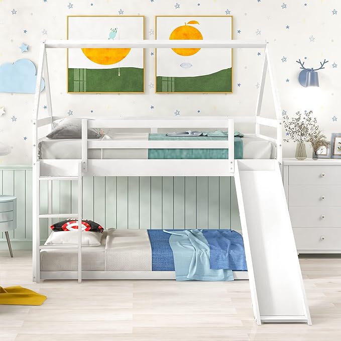 MERITLINE House Shaped Bunk Bed Twin Over Twin Size Wood Bunk Bed with Slide Low Bunk Beds for Boys and Girls, Twin Size, White