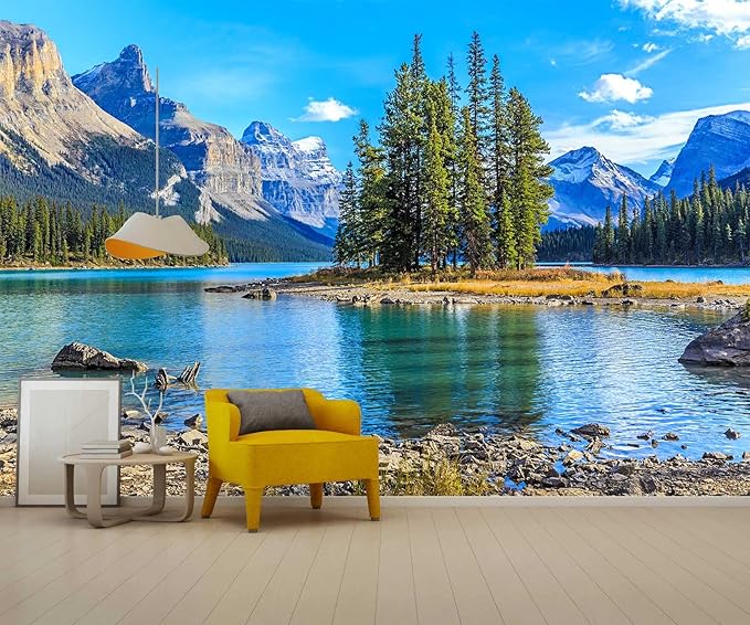 Mountain with Lake Photo Wallpaper Landscape Wall Mural for TV Background Wall Bedroom Living Room Sofa Wall (not self-Adhesive)