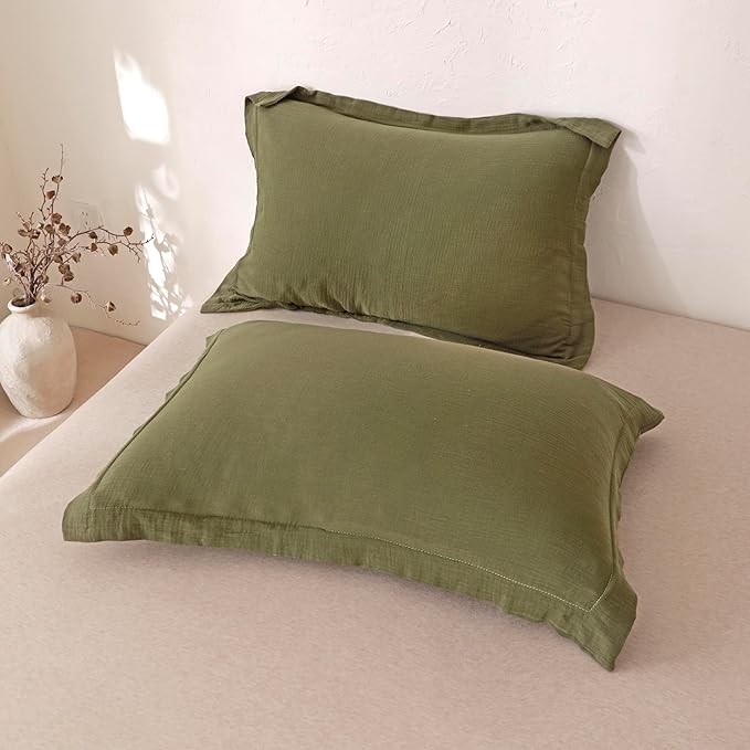 MorroMorn Muslin Duvet Cover Queen Size, 100% Breathable Cotton Comforter Cover Sets, Ultra Soft 2-Layer Gauze Duvet Cover Set 3 PCS with 2 Pillowcases, Lightweight Linen Like, 90"x90", Olive Green