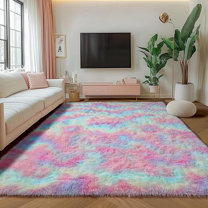 ONASAR Rainbow Area Rugs for Living Room Girls Bedroom, 5x8 Fluffy Rug, Washable Indoor Ultra Soft Plush Shaggy Large Floor Carpets for Nursery Kids Baby Girl Teen Dorm Playroom Home Decor Aesthetic