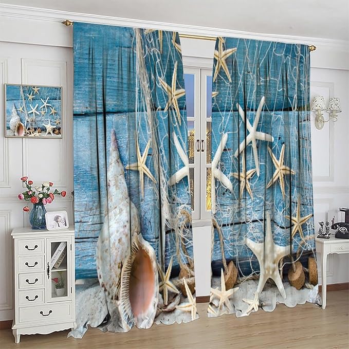 Marine Life Blackout Curtains Watercolor Water Grass Shell Print Curtains for Living Room Bedroom Privacy Curtains 42x45 Inches