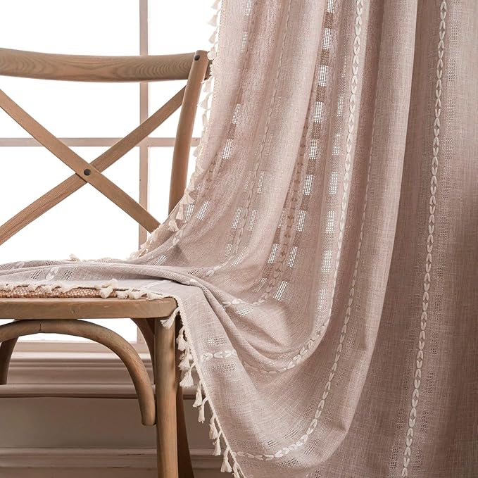 Deeprove Boho Curtain 63 inches Length for Living Room Bedroom Nursery, Retro Bohemian Coffee Linen Sheer 63 inches Long Tassel Stripe Embroidery Privacy Window Treatment W52 x L63, 1 Panel Natural