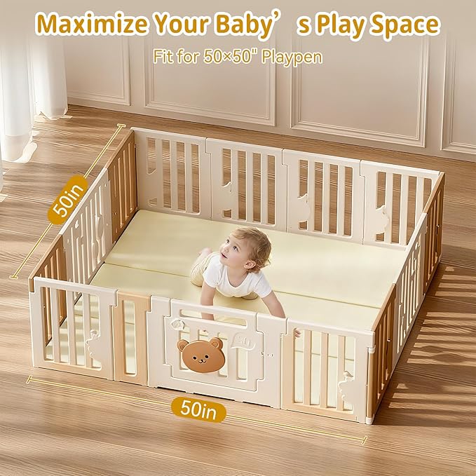 Baby Play Mat, 48 x 48 Inch Foldable PU Leather Waterproof Playpen Mat, 1.6" Extra Thick Foam Floor Mat for Infants and Toddlers, Non-slip Toddler Activity Playmat Cushion
