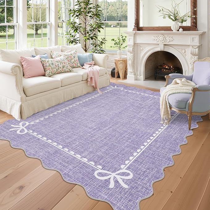 GarveeHome Scalloped Bow Rug for Living Room, Solid Purple Rug for Dorm, Washable Rugs 5x7 Soft Low Pile Non Slip Scalloped Rugs for Nursery College Bedroom Decor Kids Room Playroom