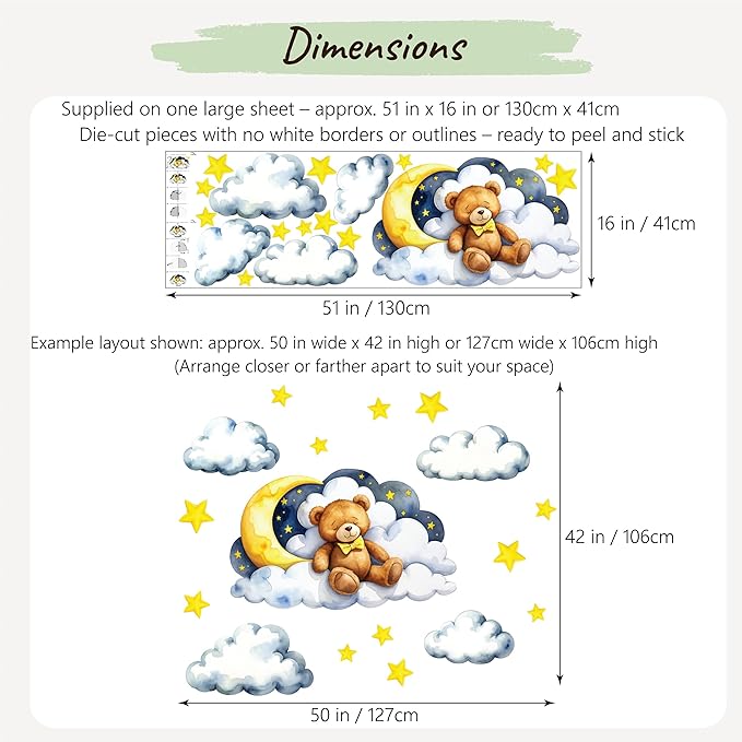 Boho Nursery Wall Decals - Dreamy Watercolor Teddy Bear Sleeping on Cloud | Multi-Piece Set with Clouds, Moon & Stars | Removable Fabric Wall Art for Kids Room