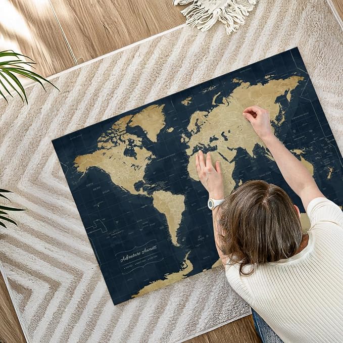 ElephantStock - Adventure Awaits World Map With Push Pins Wall Art - Horizontal Canvas Wall Art - Living Room Wall Decor - Digital Art Map Canvas Art - Gold And Blue Decor - 39" x 26"