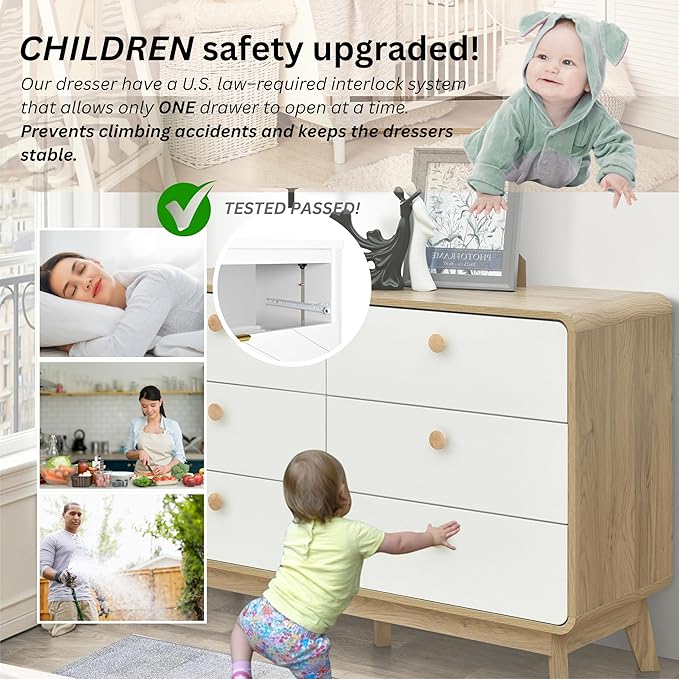 ELISA HOME Aries 6 Drawer Dresser for Bedroom, 47.3″ W Perfect for organizing Clothes, linens, or Accessories., Ideal for The Bedroom, Hallway, Nursery, or Living Room, Oak/White