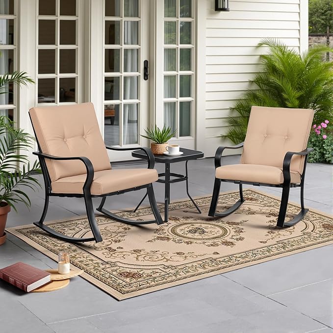 SUNCROWN Outdoor 3-Piece Rocking Chairs Patio Bistro Set Black Steel Furniture with Thickened Cushion and Glass-Top Coffee Table, Brown