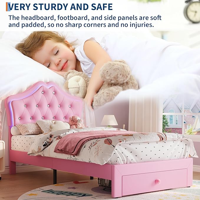 Garvee Twin Size Bed Frame with LED Lights & Velvet Crystal Button Headboard, Upholstered Princess/Girl Platform Bed with Storage Drawer, Noise Free, No Box Spring Needed for Kids, Teens, Pink