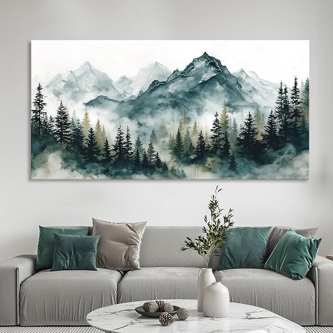 Nature Landscape Wall Art for Living Room, Foggy Forest Mountains Canvas Painting Green Blue Modern Farmhouse Wall Decor for Bedroom, Watercolor Woodland Scenery Prints Artwork Home Decoration 23"x46"