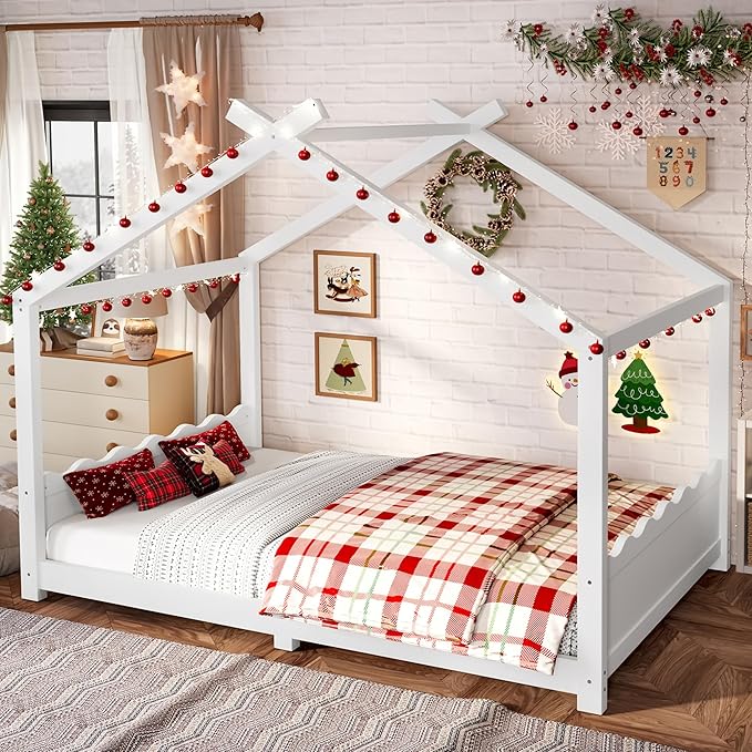 Full Size Wooden House Floor Bed - Kids Bed Frame with Roof & Support Slats for Bedroom, No Box Spring Needed, Easy Assembly (White)