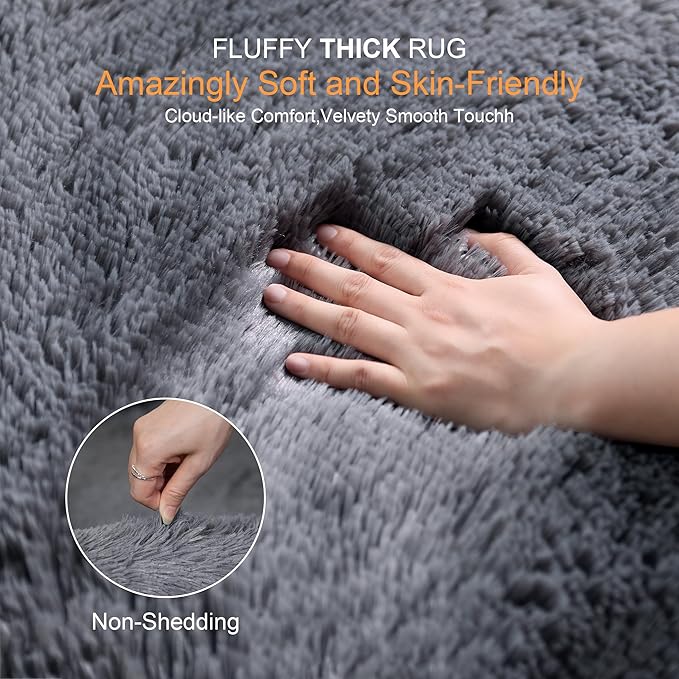 Thick Area Rug Grey Fluffy Shag 3x5 for Bedroom, Ultra Soft Plush Fuzzy Washable Throw Carpet, Modern Non Slip Cozy Furry Shaggy Rug for Living Room Kids Baby Nursery College Dorm