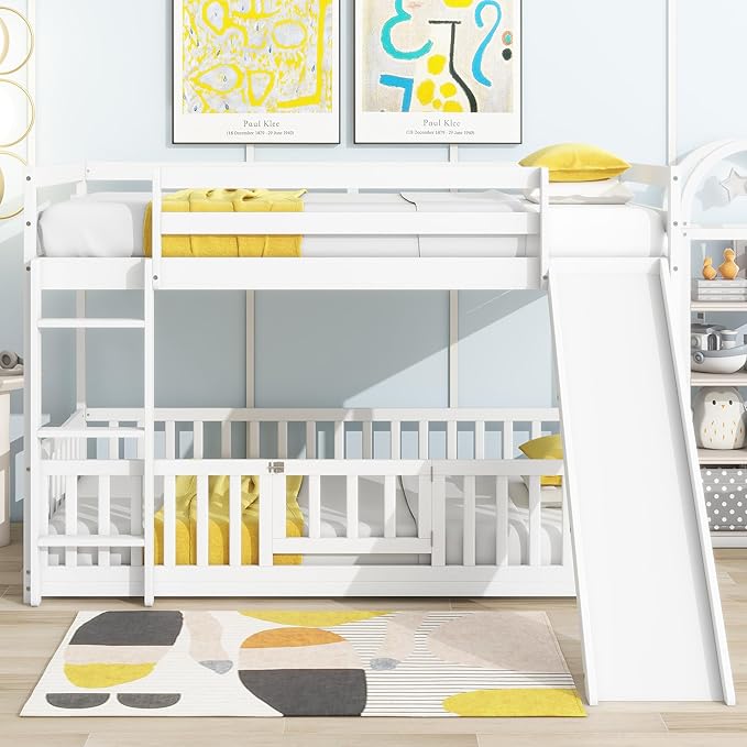 Twin Over Twin Bunk Bed with Slide and Ladder, Wood Floor Bunk Bed Frame with Door and Safety Guardrails for Kids Teens Boys Girls, No Box Spring Needed