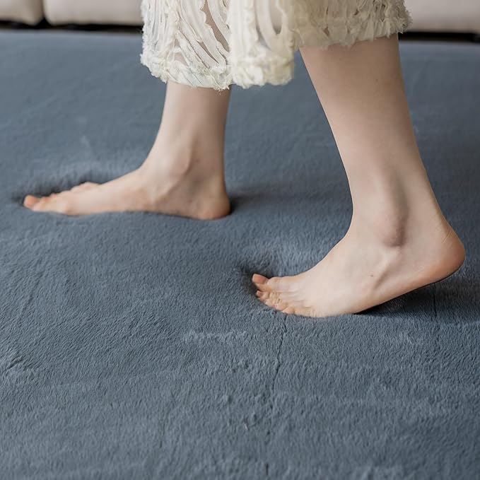 Loartee Faux Rabbit Fur Rug - 1.18" Thick Soft Fluffy Area Rug, Non-Slip Memory Foam Crawling Mat, Dark Gray, 78"x78"