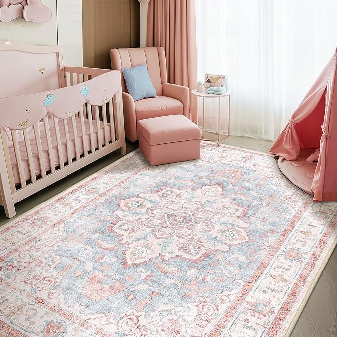 Machine Washable Rugs Nursery Rug 4x6 Cute Girl Non Slip Low Pile Water Repellent Soft Print Pattern for Bedroom Indoor Decor Kids Playroom Pinkblue