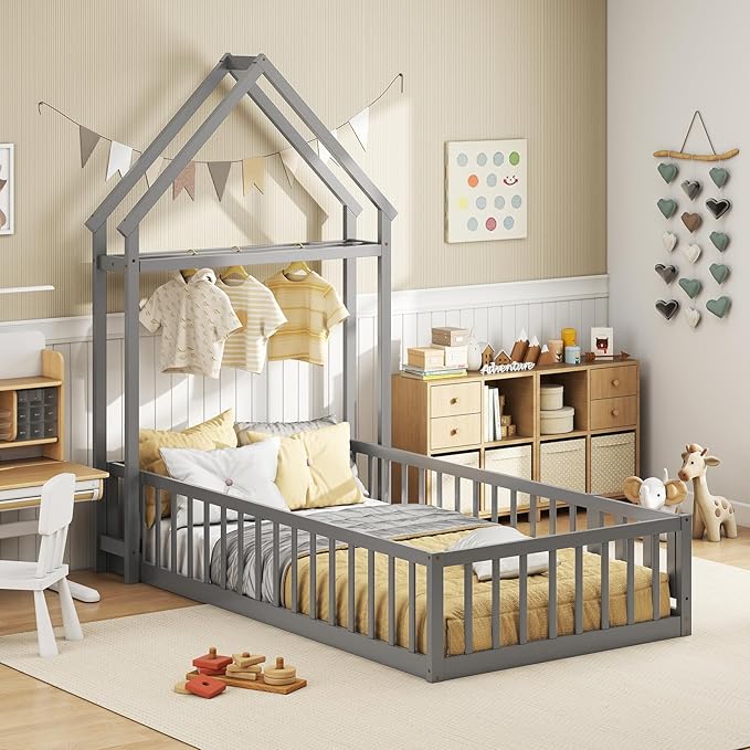 KOMFOTT Twin Size Floor Bed with House-Shaped Headboard, Kids Montessori Floor Bed with Detachable Clothes Hanger, Full Length Safety Guardrails, Door & Latch, Solid Wood Floor Bed Frame