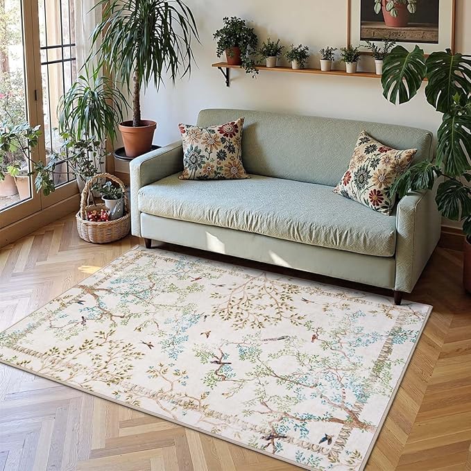 jinchan Yarden Botanical Birds 3x5 Ivory Area Rugs for Entryway Washable Non Slip Soft Nature Plants Modern Kids Room Carpet Vintage Ultra Thin Low Pile Rug for Living Room Kitchen Bathroom Front Door