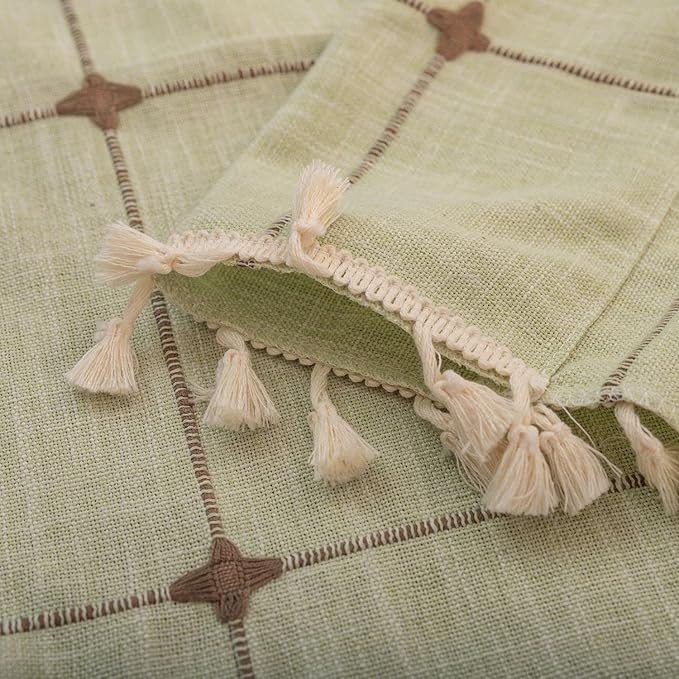 Deeprove Mint Green Boho Curtain Valance 18 Inches Length Bohemian Lattice Gingham Textured Embroidery Plaids, Vintage Chic Tassels Casual Easter Decor Drapes Rod Pocket, 1 Panel W52 x L18