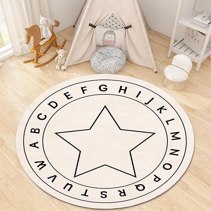 ABC Round Children's Rug,6ft,Children's Educational Learning Area Rug, Cartoon Star Print Soft and Fluffy Rug, Suitable for Nursery, Classroom, Playroom Boys and Girls Bedroom Game Decoration