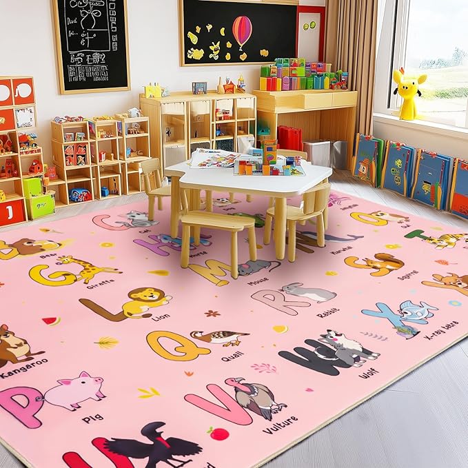 Kids Rugs for Playroom, 8x10 Ft Educational Rug for Learn The ABC Alphabet, Soft Machine Washable Non-Slip Cute Cartoon Animals Carpet for Classroom Toddler Nursery Kids Room Decor, Pink