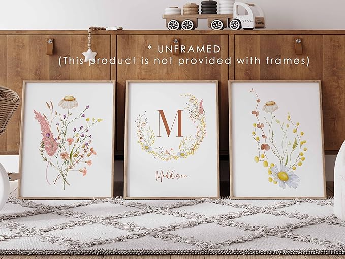 Personalized Name Flower Nursery Wall Art Prints, Crib & Nursery décor, Newborn Baby Girl Gift Present, Floral Baby Girl Room Pictures, Poster For Baby And Kids (3 Prints, Flower 5)