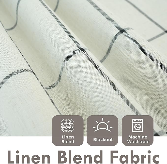 DriftAway 2 Panels 100% Blackout Windowpane Plaid Linen Curtains Double Layer Drapes for Bedroom 102 Inches Long Farmhouse Thermal Insulated 3.25 Inch Rod Pocket Back Tab for Living Room Black