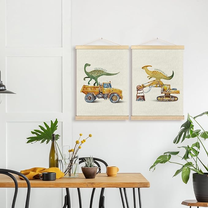 BCUANGD Dinosaur and Construction Truck Wall Decor - Dinosaur Dino Poster Hanger with Wood Frames Set of 2, Baby Car Vehicles Wall Hanging Canvas Decor for Kids Room Nursery Playroom, 12x16 Inches