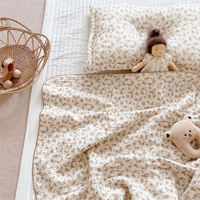BuLuTu 4 Layer Toddler Blanket 100% Cotton Muslin Bed Blankets for Kids,Girls,Boys, Designed with Cute Camellia Flowers Lightweight Thermal Baby Blanket, Super Soft and Warm Crib Blanket, 47x51