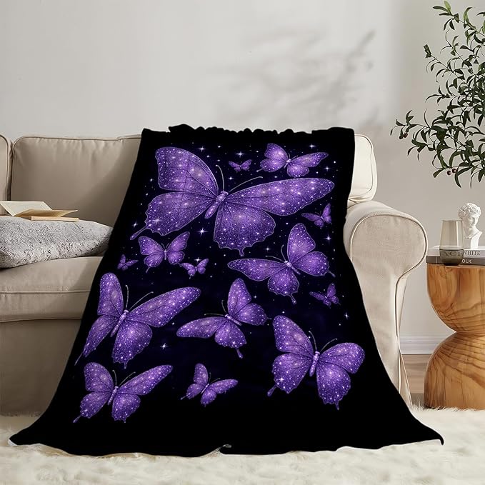 Butterfly Throw Blanket Purple Butterflies Fleece Blanket Soft Cozy Fuzzy Plush Warm Stuff Beautiful Butterfly Bedding Blankets Gifts for Kids Adult Men Women 60"X80"