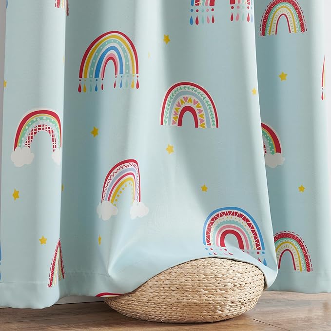 Vangao Boho Girls Blackout Curtains Pastel Blue for Kids Room 63 Inch Length, Rainbow Window Drapes for Living Room Nursery Thermal Grommet Insulated Room Darkening Curtains Bedroom, 2 Panels
