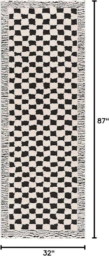 Hauteloom Leryn Contemporary Checkered Runner Rug - Modern Geometric Bordered Carpet for Hallway, Kitchen - Checkboard Design - Square Tiles - High Pile - Black and White - 2'8" x 7'3" (2x8)