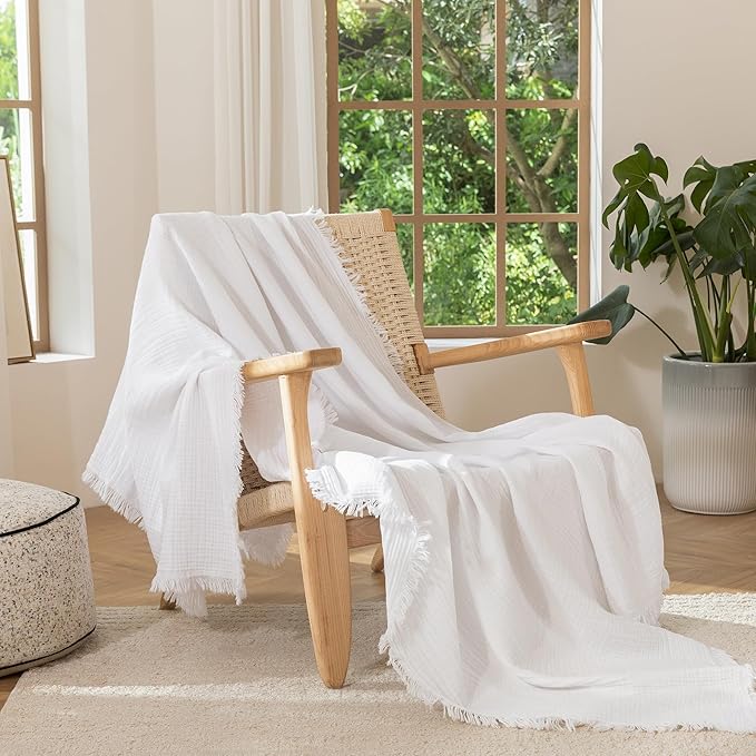 MooMee Muslin Blanket - 100% Cotton 4-Layer Gauze Throw Blanket with All-Around Fringe, Ultra-Soft Breathable Lightweight Cooling Decorative for Bed, Sofa & Couch (Bright White,Throw 60" x 50")