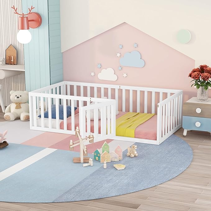 Merax Twin Floor Bed with Safety Guardrails and Door, Wood Montessori Floor Bed Frame for Kids, Twin Playhouse Bed Frame for Baby Girls and Boys, White