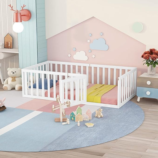 Merax Twin Floor Bed with Safety Guardrails and Door, Wood Montessori Floor Bed Frame for Kids, Twin Playhouse Bed Frame for Baby Girls and Boys, White