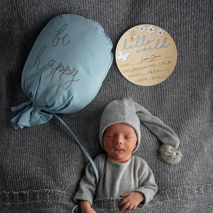Hello World Newborn Sign - 5.9” Round Wooden Baby Announcement Sign with 3D Butterfly & Flowers - Keepsake Birth Gift for Baby Boy’s First Day, Hospital, Shower, or Nursery Décor (Blue)