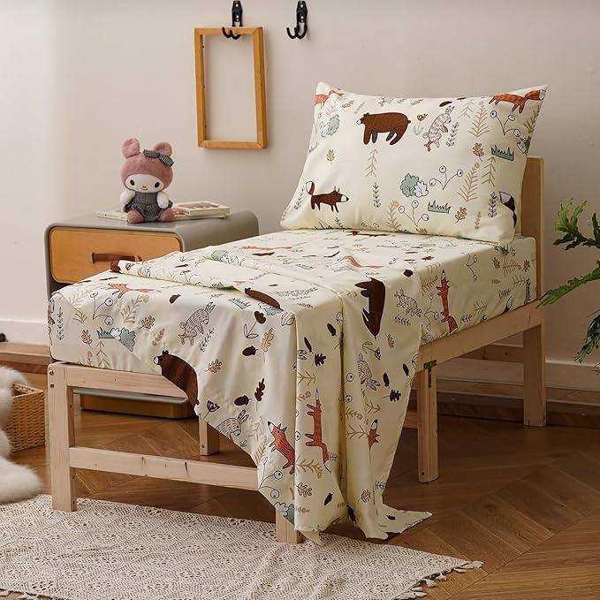 KAREVER Cartoon Toddler Bedding Set Bear Fox 4 Pieces Crib Bed Set Kids Cream Yellow Animal Print Comforter Set