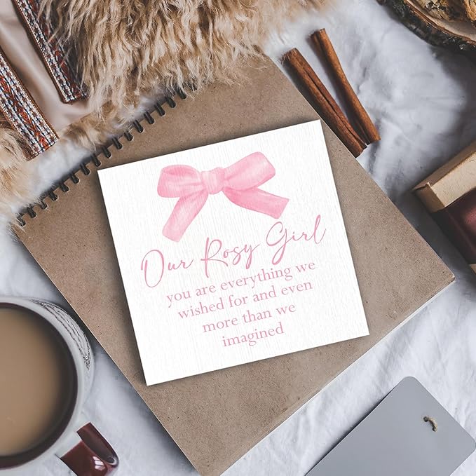 Coquette Bow Our Girl Nursery Wood Box Sign - Baby Girl Nursery Desk Shelf Decor, Pink Coquette Room Decor, Pink Inspirational Wooden Block Plaque Box Sign for Girls Room Dorm Decorations