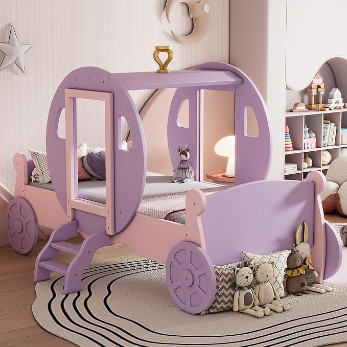 Cute Twin size Princess Carriage Bed with Crown and Stair, Solid Wood Car Bed Frame with 2 Doors, Headboard and Footboard, Safety Wood Slats for Kids Boys Girls Teens Adults (Purple+Pink-s18)
