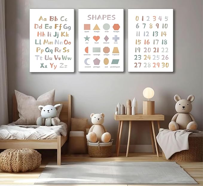 3Pcs Kids Playroom Wall Art Decor Toddler Room Decor ABC Nursery Artwall Shapes Canvas Wall Art 123 Poster Print Decoration for Classroom Toddler Kids Nursery Bedroom